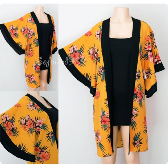 Mustard Yellow Tropical Floral Cover Up Kimono Top - Picture 2 of 8